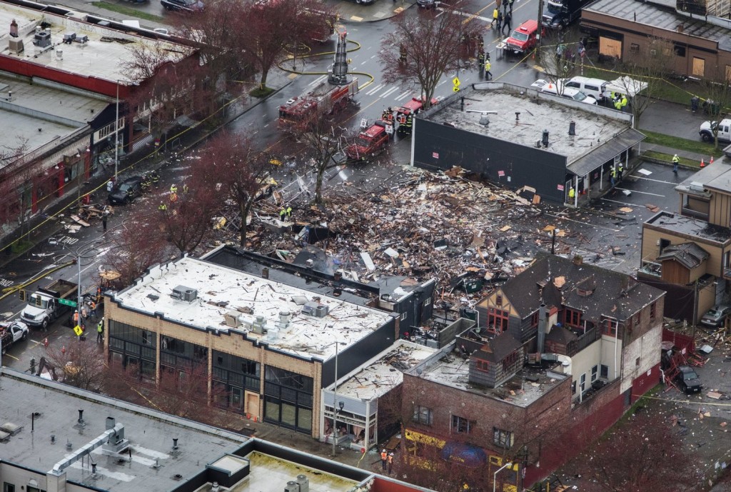 Wed. March 9, 2015  A gas explosion flattened buildings on Greenwood Avenue North between North 84th and North 85th streets; Wednesday; March 9; 2016.  (Steve Ringman / The Seattle Times)