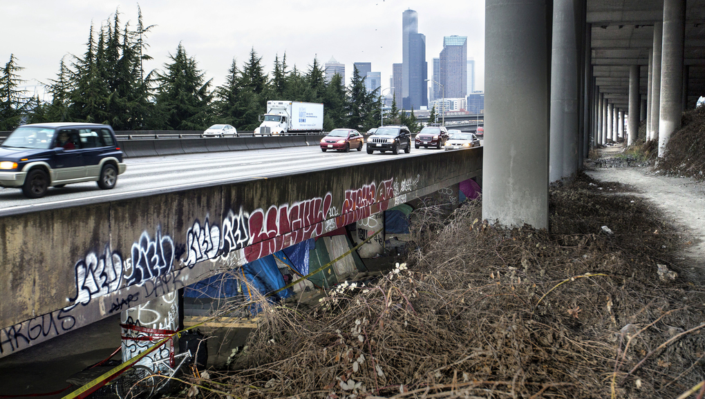 The Jungle homeless encampment is shown below Interstate 5 near Airport Way South and South Atlantic Street on Jan. 27. (Mike Siegel/The Seattle Times)