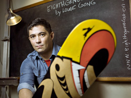 Nooksack, Chinese, French and Scottish artist, educator and 'Mockups' designer Louie Gong with a skateboard adorned with an example of his signature original designs that fuse Coast Salish imagery with elements from popular culture and his mixed heritage. Photo: Kiliii YuMosaic Coffeehouse